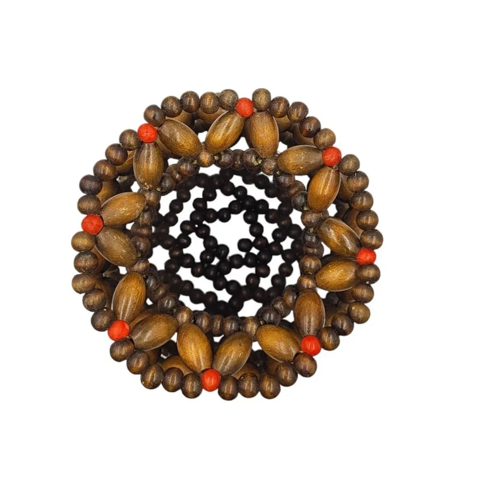 Wood Bead Flower Planter Vase w/ Insert Vintage 70s Mid Century‎ Modern Boho